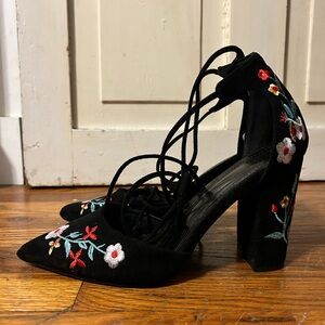 Embroidered Black Lace-Up Heels